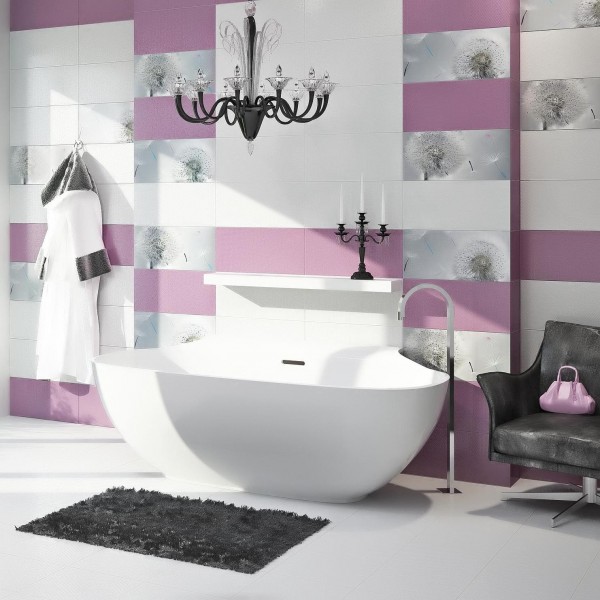 Модни испански плочки за баня в бял/лилав цвят  - глухарчета
